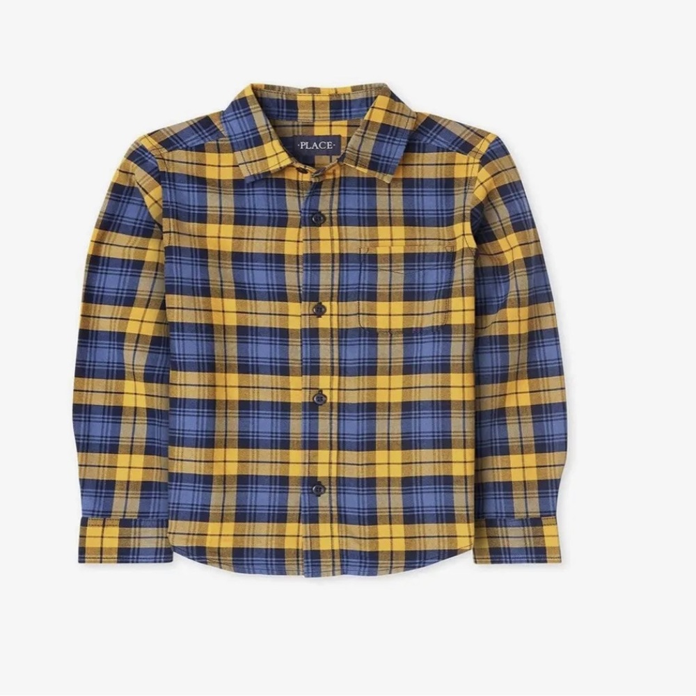NEW Children’s Place Buffalo Plaid Button Down Shirt Blue & Yellow - Boys 10-12
